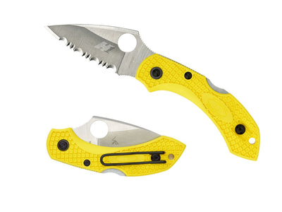 Spyderco Dragonfly 2 Salt C28SYL2 dettaglio lama H-1 seghettata e manico FRN giallo