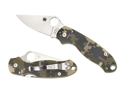 Spyderco Para 3 C223GPCMO dettaglio G-10 mimetico digitale e fodere acciaio scheletrate