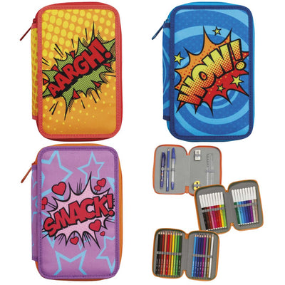 Astuccio scuola 3 zip Carioca Comics con pennarelli, matite colorate e accessori inclusi