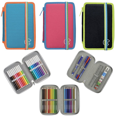 Astuccio scuola 3 zip Carioca Fluo con pennarelli fluorescenti, matite e accessori inclusi