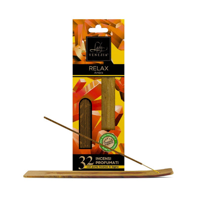 INCENSO PROFUMATO RELAX - AMBRA - 32 BASTONCINI CON PORTA INCENSO IN LEGNO