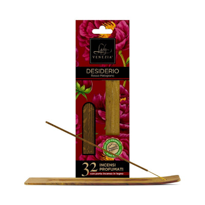 INCENSO PROFUMATO DESIDERIO - ROSSO MELOGRANO - 32 BASTONCINI CON PORTA INCENSO IN LEGNO