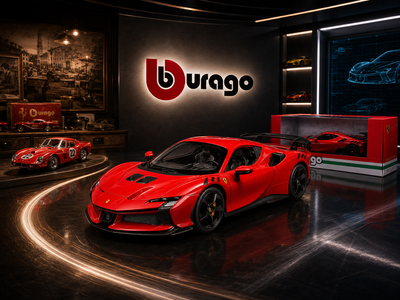 Modellino Bburago Ferrari SF90 XX Stradale rossa con confezione originale, ambientato tra storia e futuro del modellismo Ferrari
