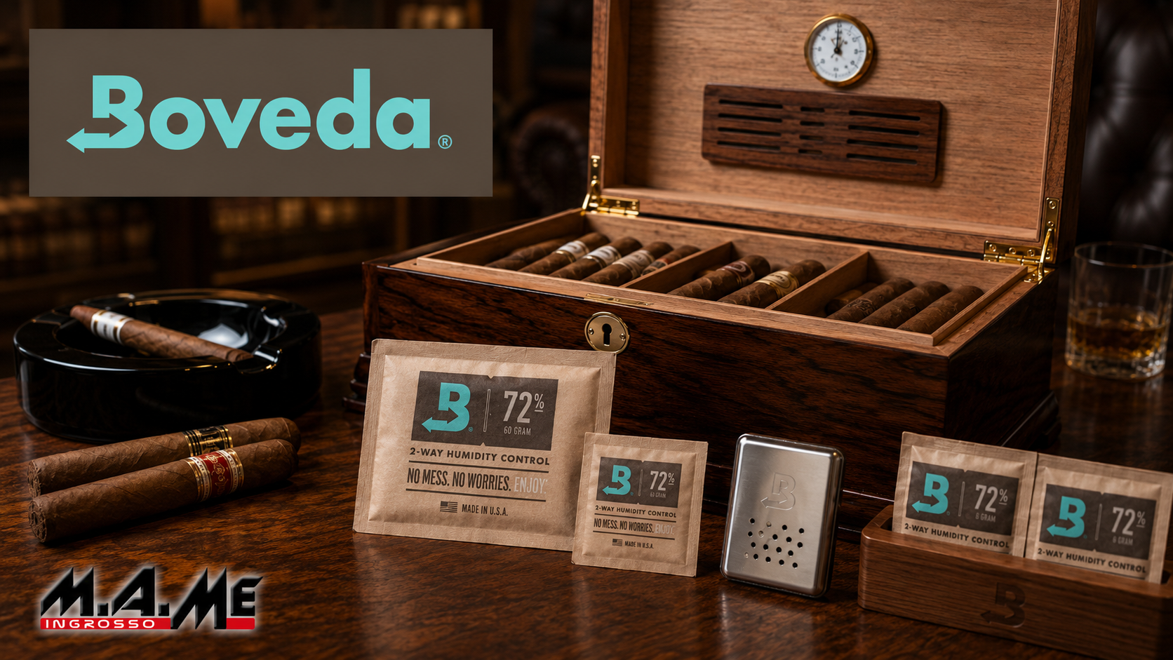 Prodotti Boveda per il controllo dell’umidità dei sigari con humidor in legno, sigari premium e confezioni Boveda 72% RH