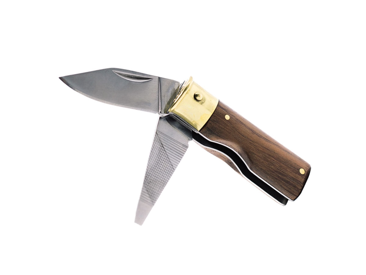 Caliber Shotgun Shell Knife lama stainless 5 cm manico mogano ottone totale 11,75 cm 81 gr limetta cacciavite