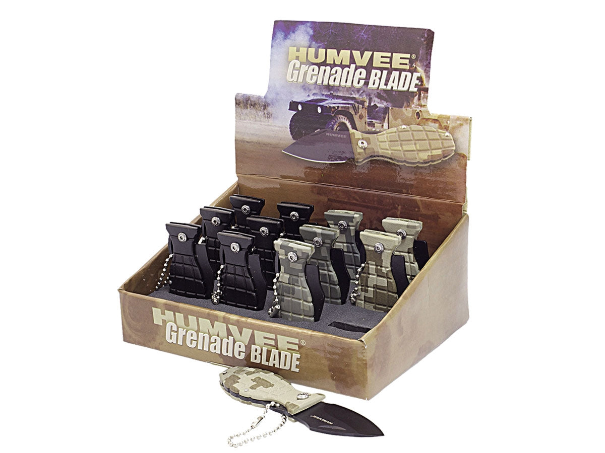 Humvee Grenade Knives display box 12 pz - box 16x7 cm con 6 neri 3 camo sabbia 3 camo verde