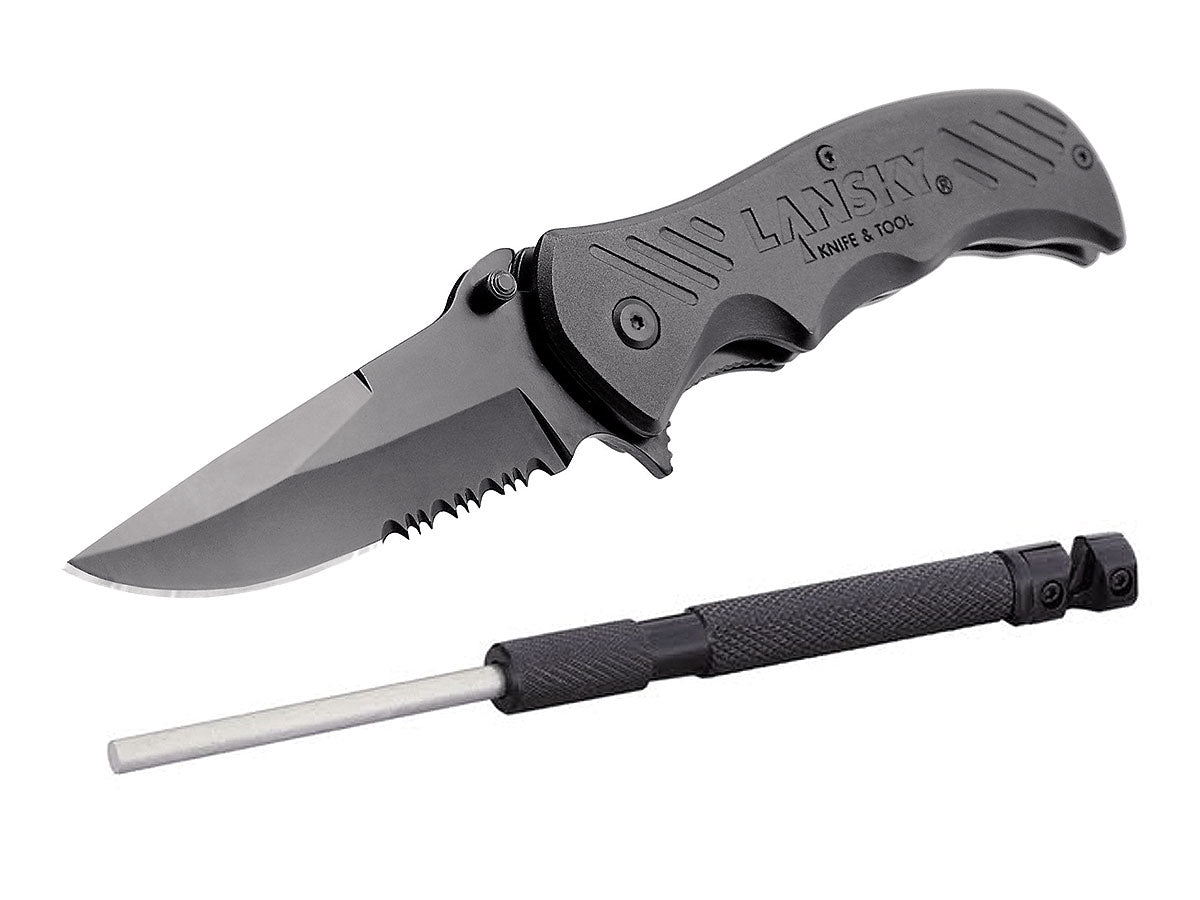 Lansky TACPAC con coltello Evader manico alluminio e affilatore Rod carburo diamante