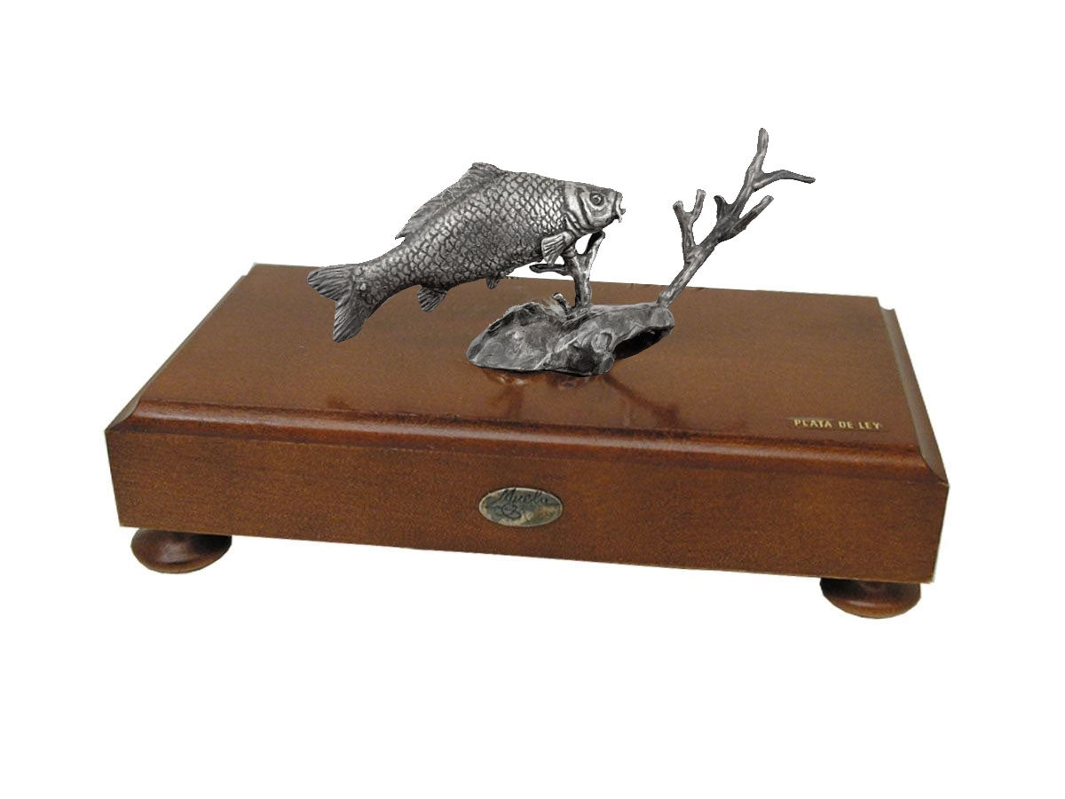 Muela Silverware Black Bass Fish On Wooden Base cm 18x10