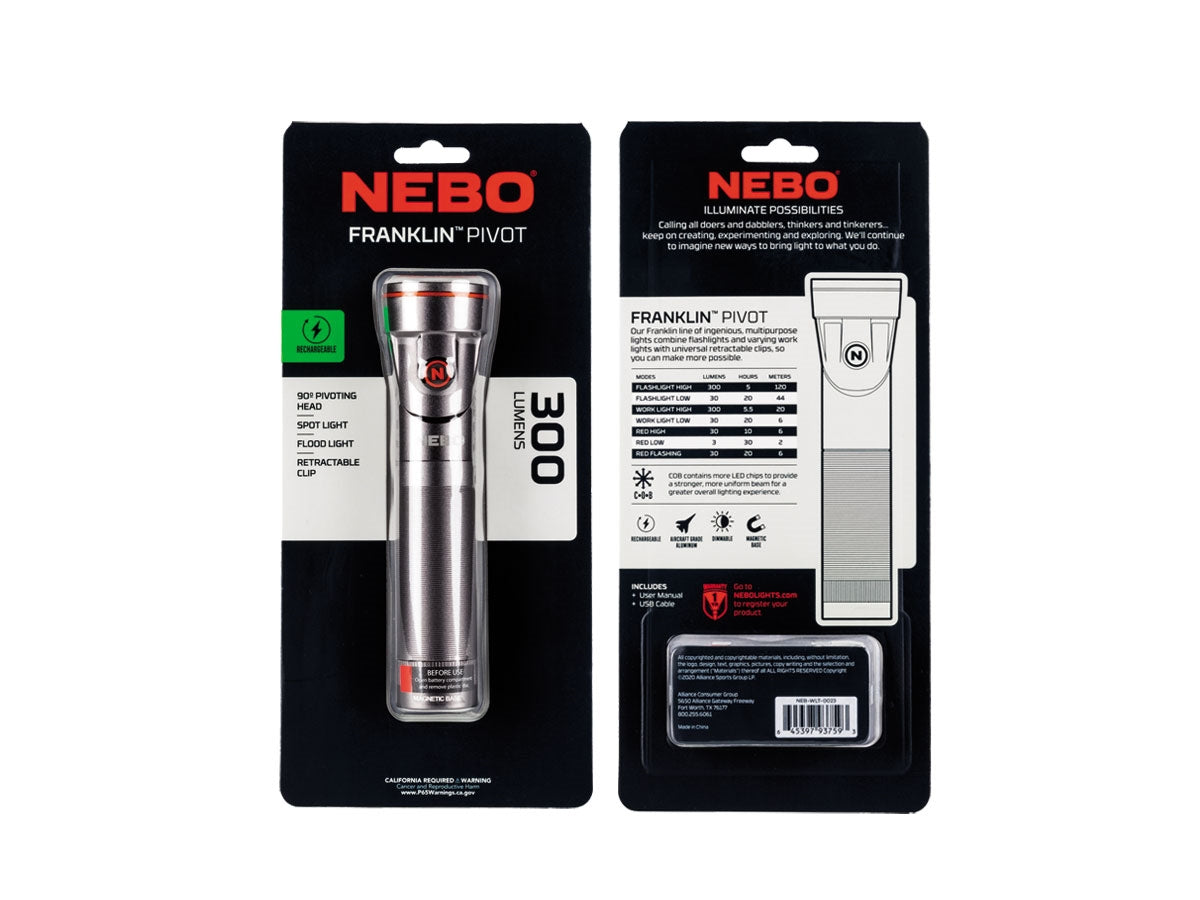NEBO FRANKLIN PIVOT - alluminio aerospaziale IPX4 e pannello COB laterale