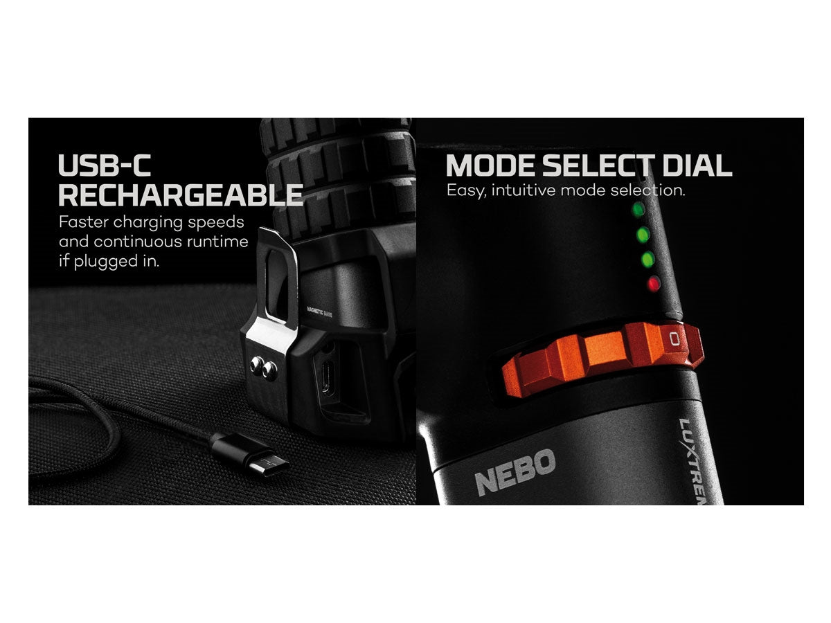 NEBO LUXTREME SL25R SPT-1004 - ghiera posteriore e modalità flood e spot