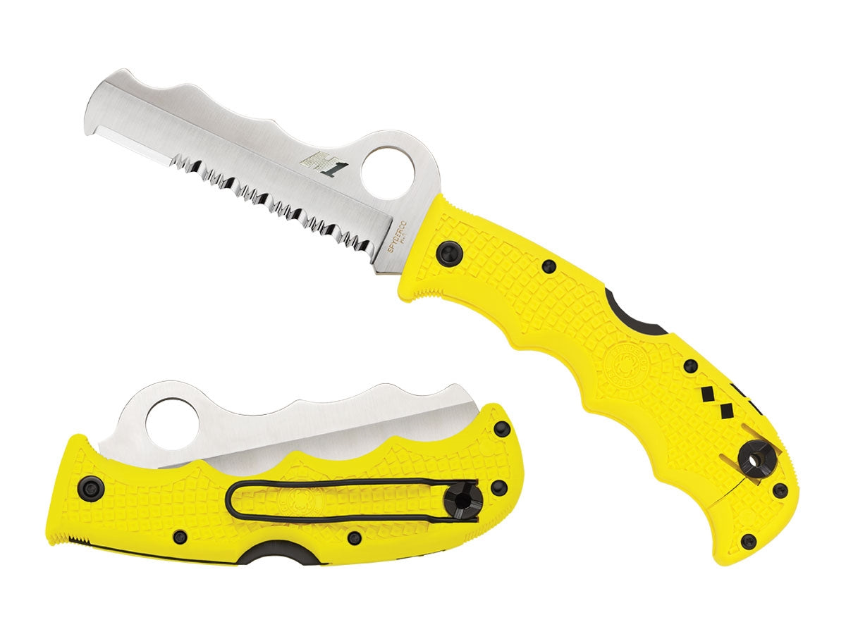 Spyderco Assist Salt C79PSYL dettaglio lama H-1 combo e Rescue Hook FRN giallo alta visibilità