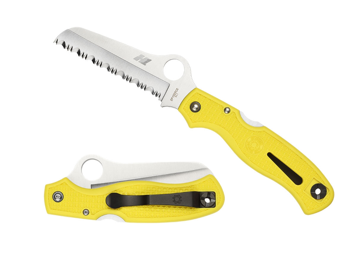 Spyderco Atlantic Salt C89SYL dettaglio profilo Sheepfoot H-1 seghettata e FRN giallo