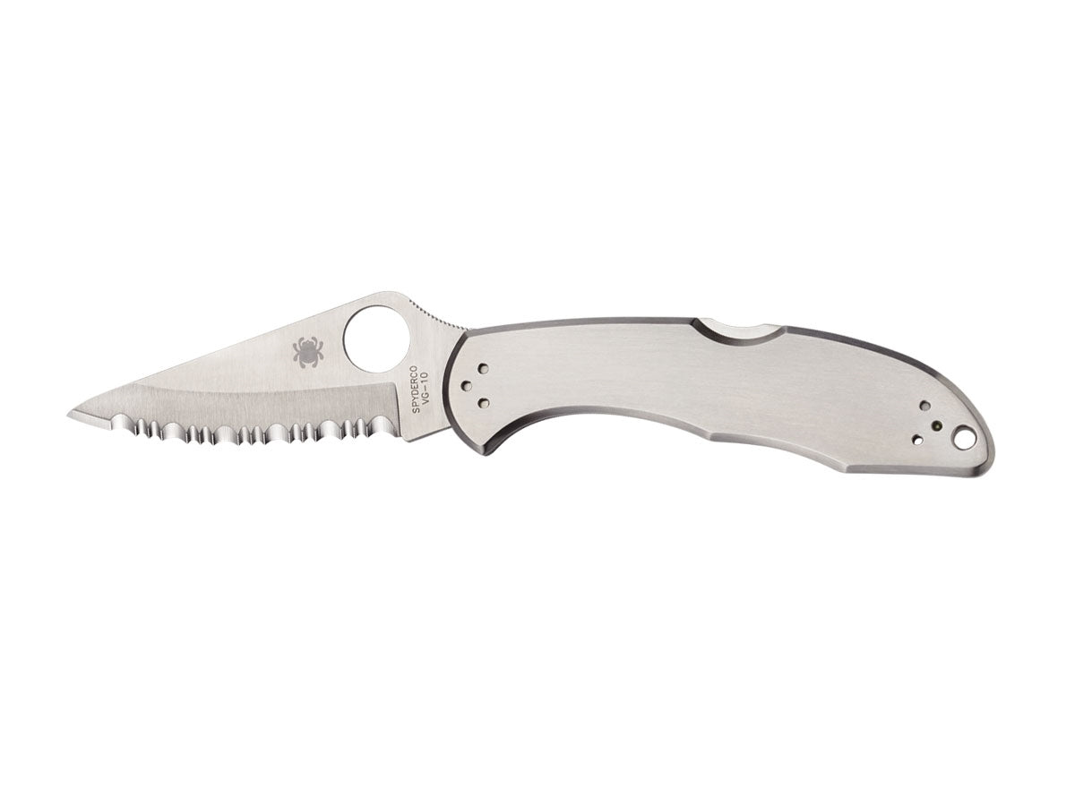 Spyderco Delica 4 C11S lama VG-10 seghettata 7,5 cm, manico acciaio, Back Lock Made in Japan