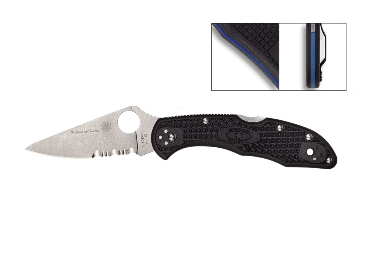 Spyderco Delica 4 Thin Blue Line C11FPSBKBL, lama VG-10 piatta, liner blu, tributo forze dell'ordine