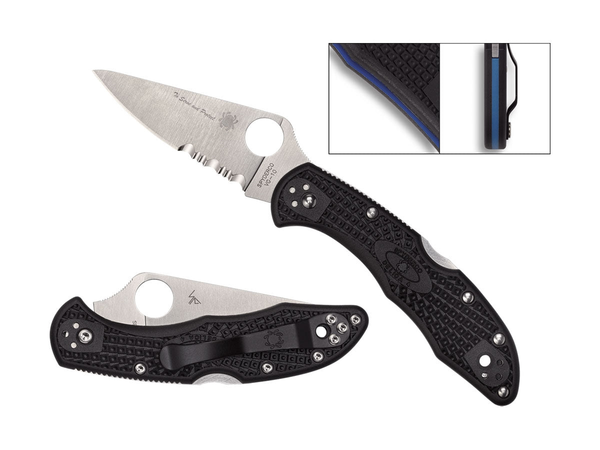 Spyderco Delica 4 Thin Blue Line C11FPSBKBL dettaglio lama VG-10 e incisione To Serve and Protect
