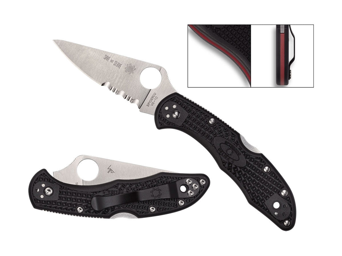 Spyderco Delica 4 Thin Red Line C11FPSBKRD dettaglio lama e incisione Save and Serve