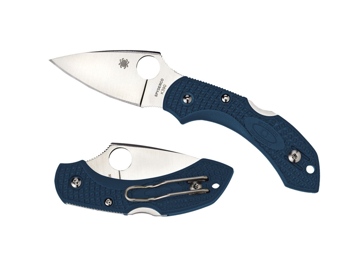 Spyderco Dragonfly 2 C28FP2K390 dettaglio lama K390 acciaio da lavoro e FRN blu