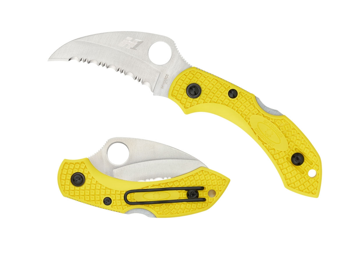 Spyderco Dragonfly 2 Salt C28SYL2HB dettaglio profilo Hawkbill H-1 e FRN giallo