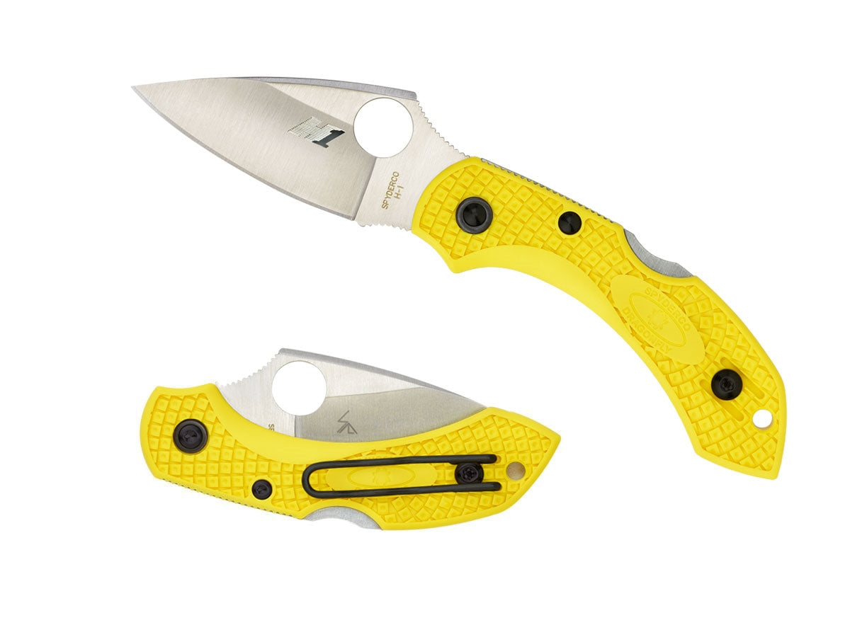 Spyderco Dragonfly 2 Salt C28PYL2 dettaglio lama H-1 e manico FRN giallo hardware inossidabile
