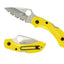 Spyderco Dragonfly 2 Salt C28SYL2 dettaglio lama H-1 seghettata e manico FRN giallo