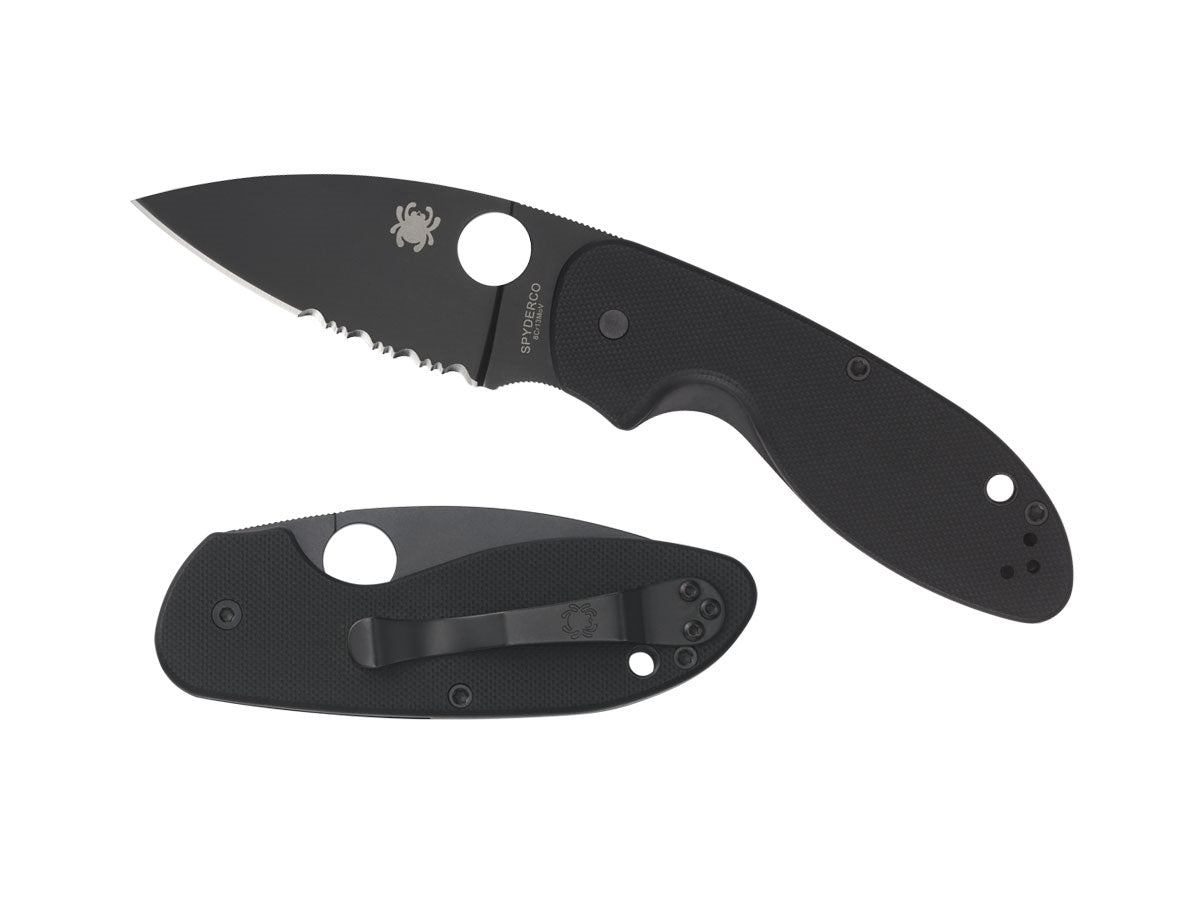 Spyderco Efficient C216GPSBBK dettaglio lama combo 8Cr13 nera e G-10 rivestimento antiriflesso