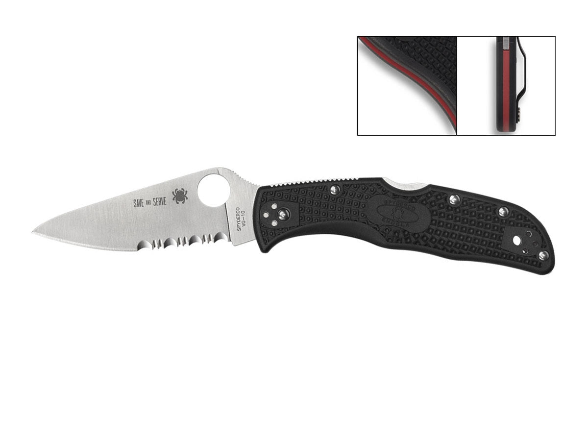 Spyderco Endela Thin Red Line C243FPSBKRD lama VG-10 piatta, incisione Save and Serve
