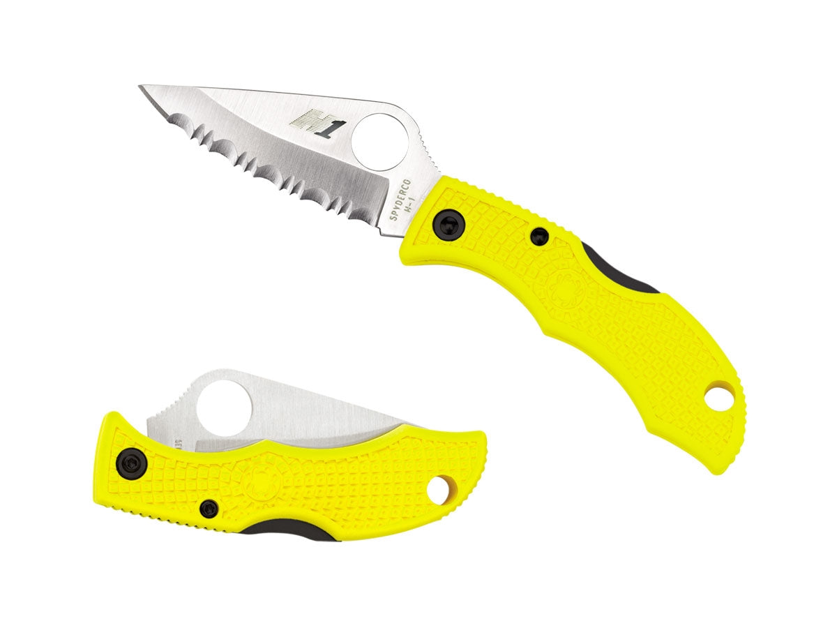 Spyderco Ladybug 3 Salt LYLS3 dettaglio lama H-1 seghettata e manico FRN giallo portachiavi