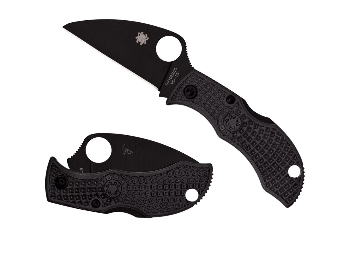 Spyderco Manbug MBKWPBK dettaglio lama Wharncliffe nera e manico FRN nero portachiavi