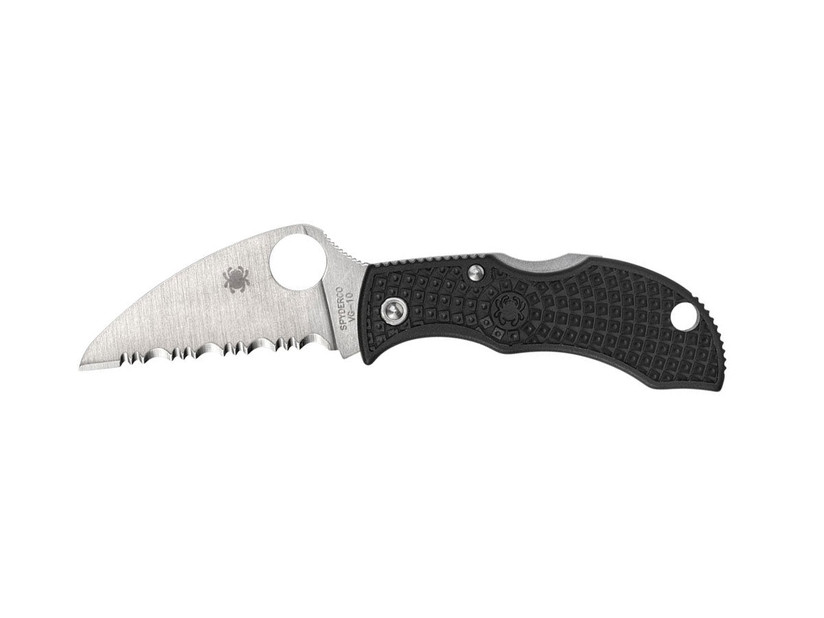 Spyderco Manbug MBKWS lama Wharncliffe VG-10 seghettata filo dritto, manico FRN nero, Back Lock
