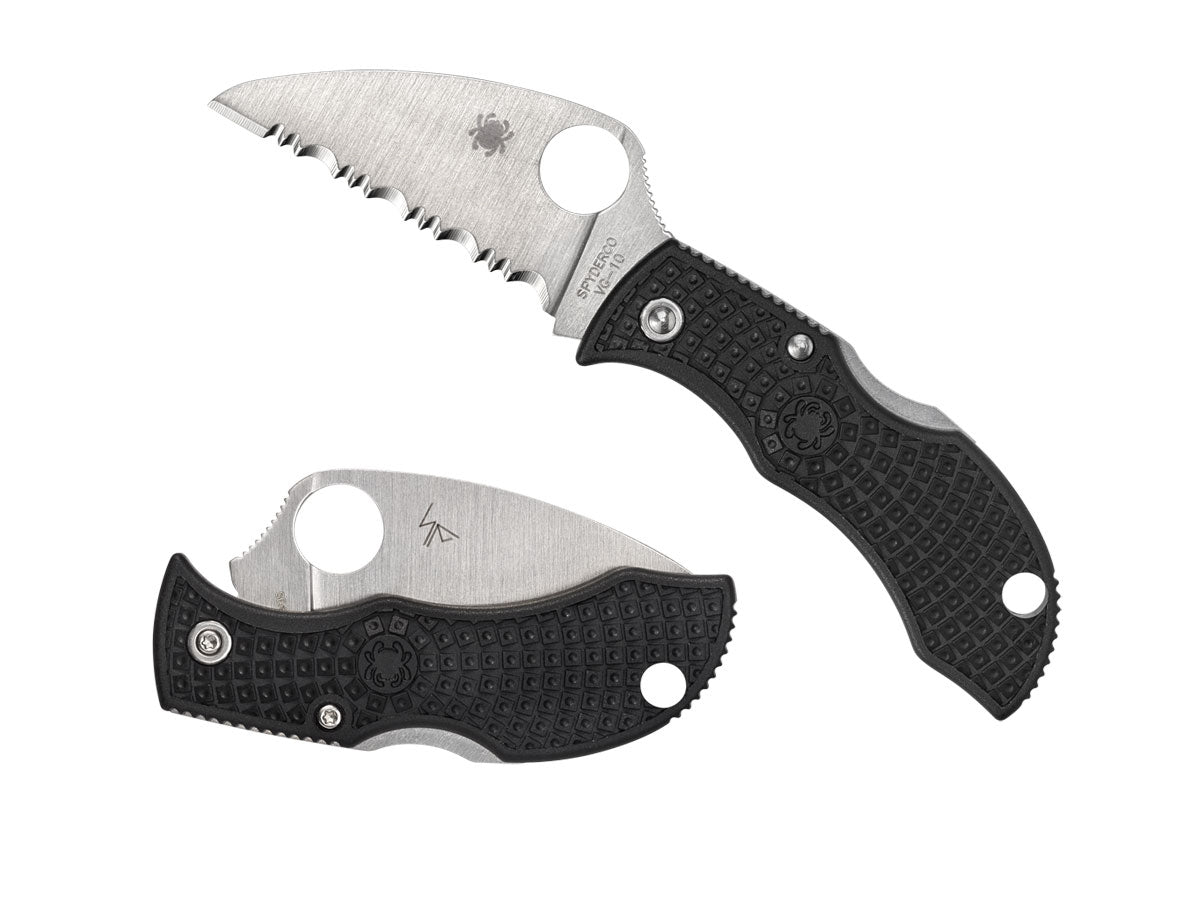 Spyderco Manbug MBKWS dettaglio lama Wharncliffe seghettata e manico FRN nero portachiavi