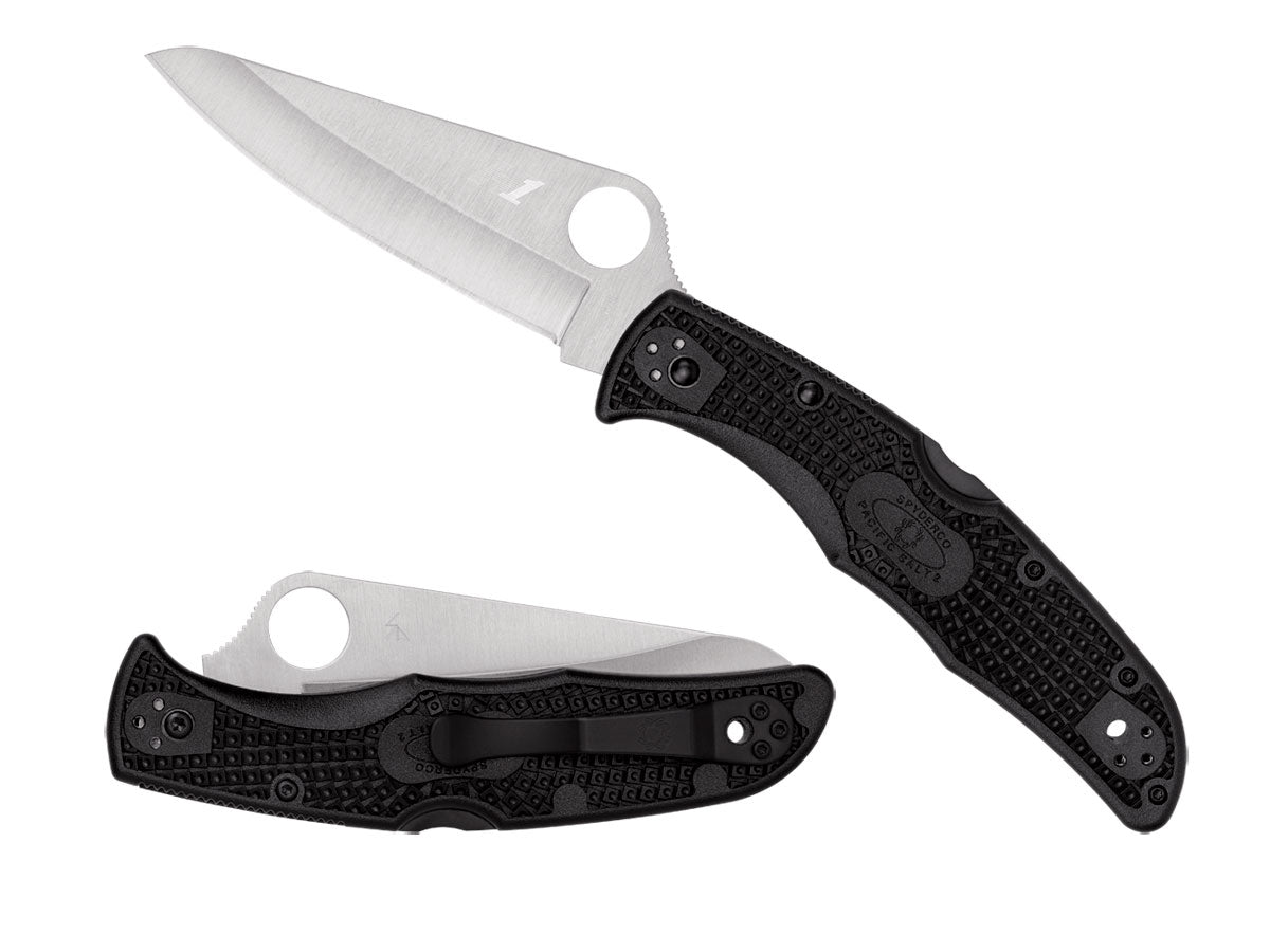 Spyderco Pacific Salt 2 C91PBK2 dettaglio lama H-1 piatta e clip quattro posizioni su FRN nero