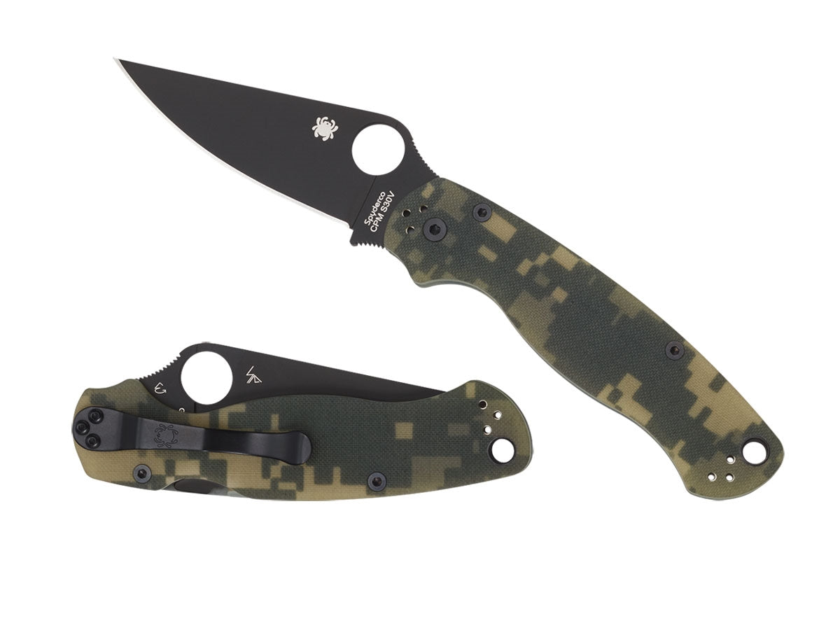Spyderco Para Military 2 C81GPCMOBK2 dettaglio lama DLC nera e manico G-10 mimetico