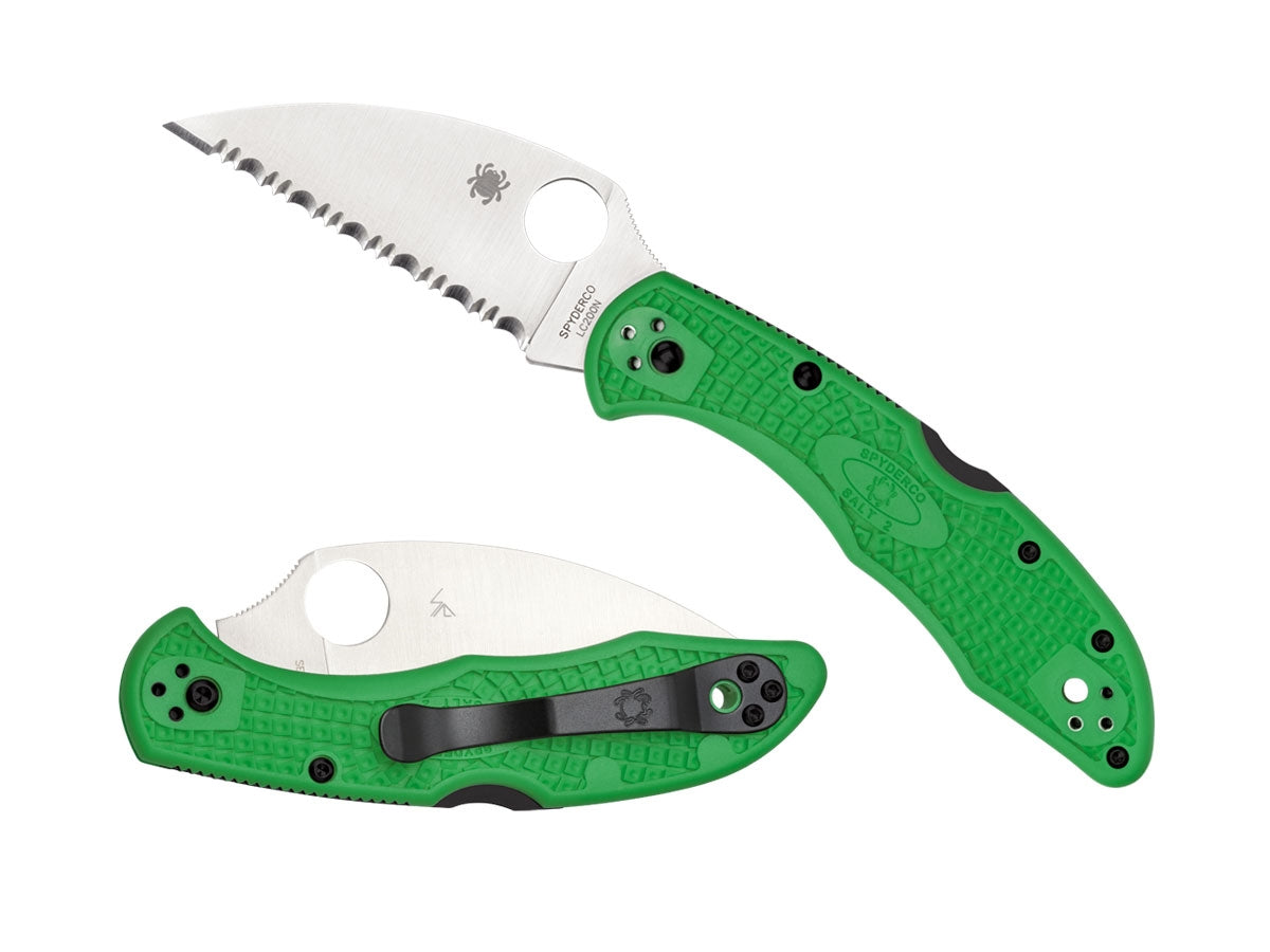 Spyderco Salt 2 C88FSWCGR2 dettaglio lama Wharncliffe LC200N seghettata e FRN verde