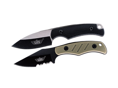 Uzi Tactical Neck Knife display 12 pz lama stainless G-10 5 cm totale 12 cm fodero Kydex 6 neri e 6 sabbia