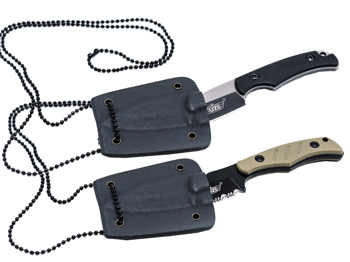 Uzi Tactical Neck Knife - dettaglio coltellino plain e variante serrated