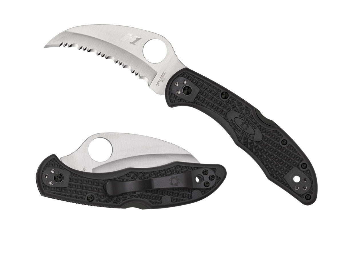 Spyderco Tasman Salt 2 C106SBK2 dettaglio lama Hawkbill H-1 seghettata e FRN nero