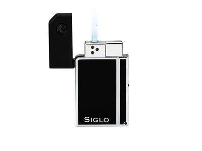 Siglo Chrome Lighter Obsidian Black vista laterale cappuccio angolato