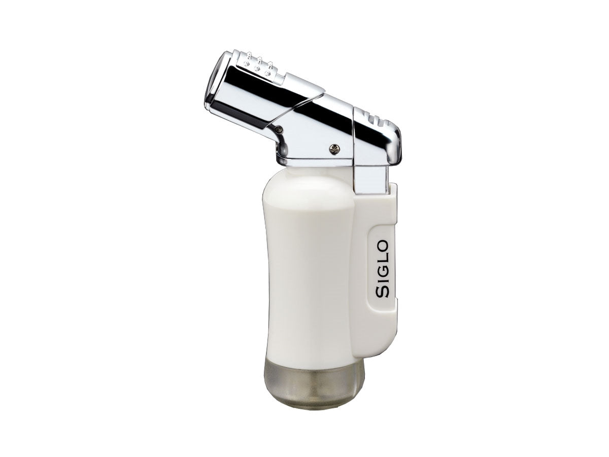 Accendino Siglo Mini Torch Lighter bianco lucido serbatoio a finestra cappuccio retrattile