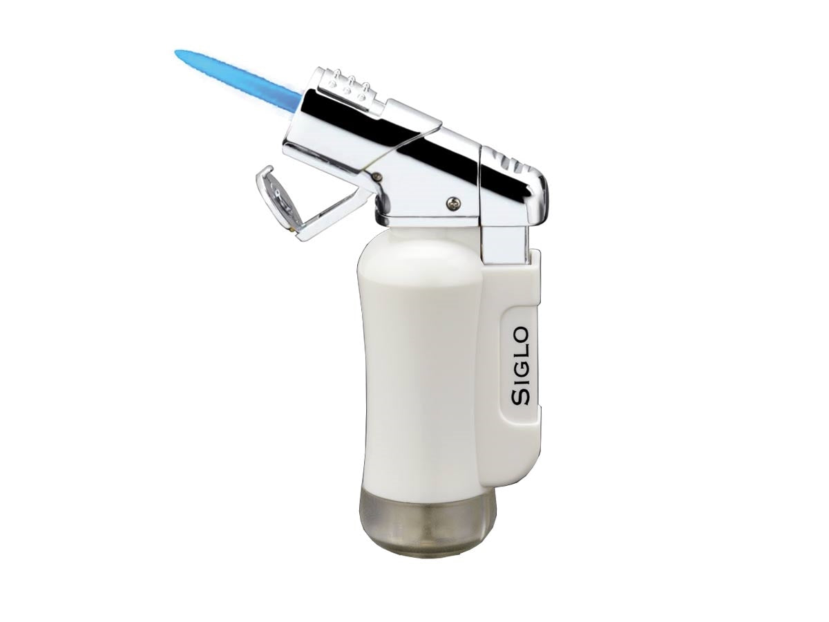 Siglo Mini Torch Lighter bianco lucido vista laterale regolatore di fiamma