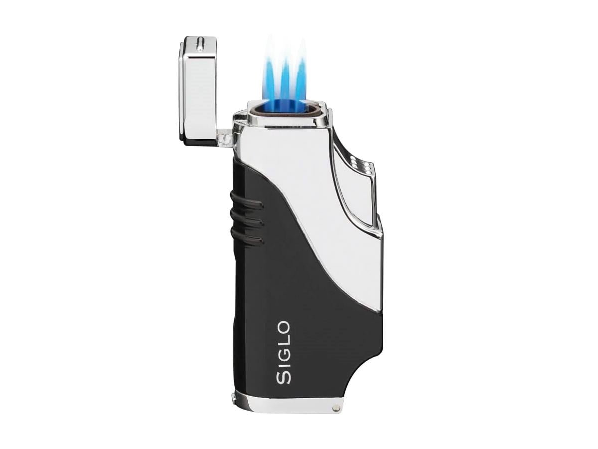 Siglo Triple Flame Lighter nero vista laterale finestra serbatoio e regolatore