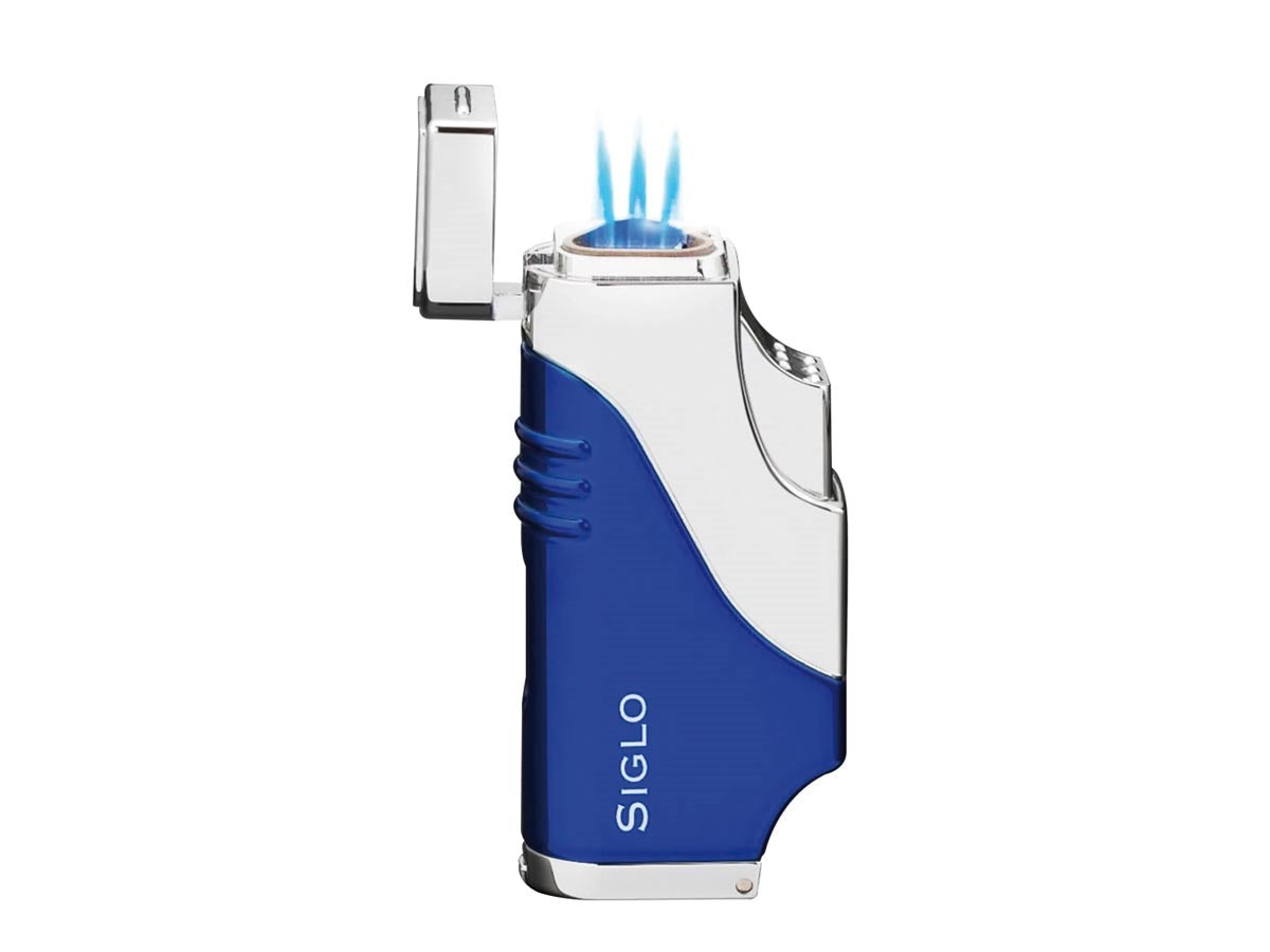 Siglo Triple Flame Lighter blu vista laterale finestra serbatoio e regolatore