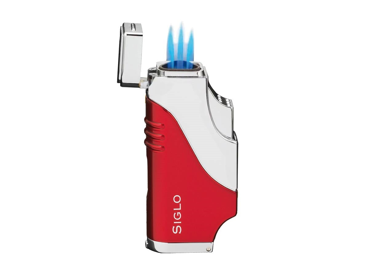Siglo Triple Flame Lighter rosso vista laterale finestra serbatoio e regolatore