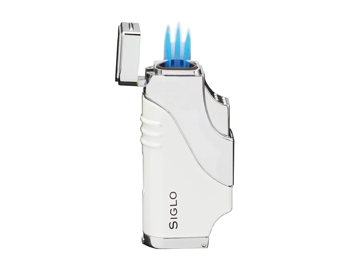 Siglo Triple Flame Lighter bianco vista laterale finestra serbatoio e regolatore