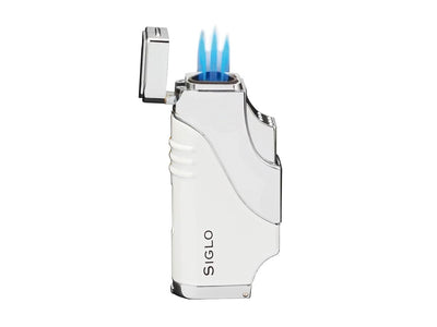 Siglo Triple Flame Lighter bianco vista laterale finestra serbatoio e regolatore