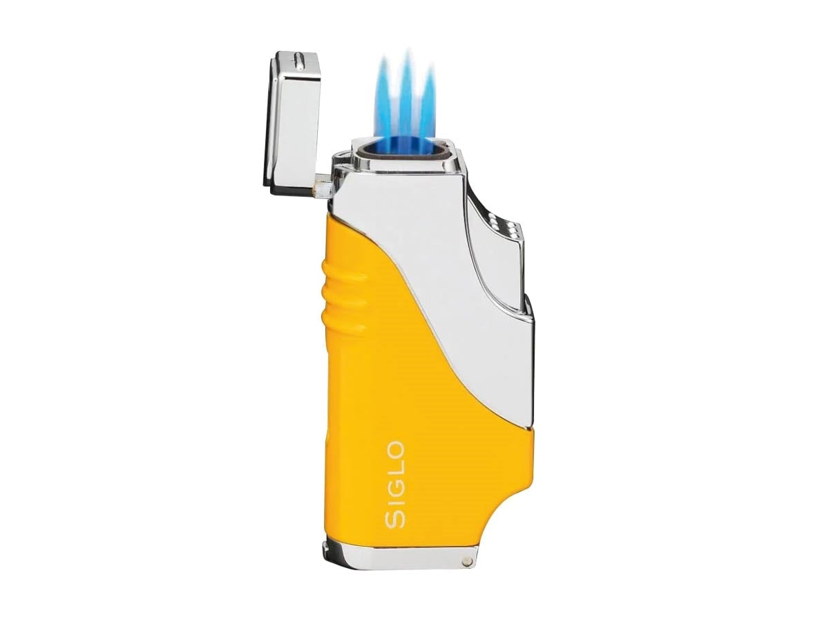 Siglo Triple Flame Lighter giallo vista laterale finestra serbatoio e regolatore