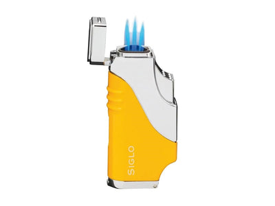 Siglo Triple Flame Lighter giallo vista laterale finestra serbatoio e regolatore
