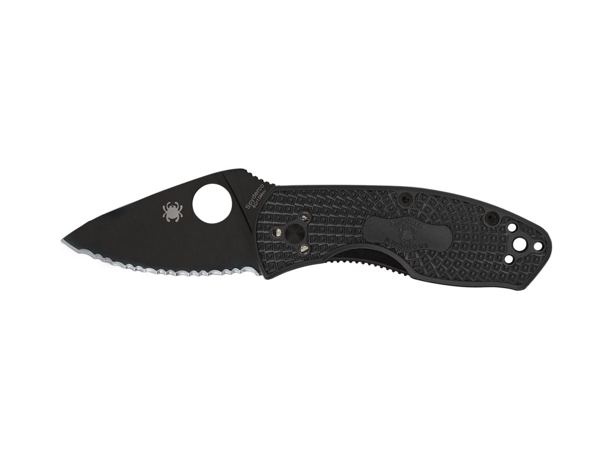 Spyderco Ambitious Serrated Black Blade C148SBBK manico FRN nero, lama seghettata nera