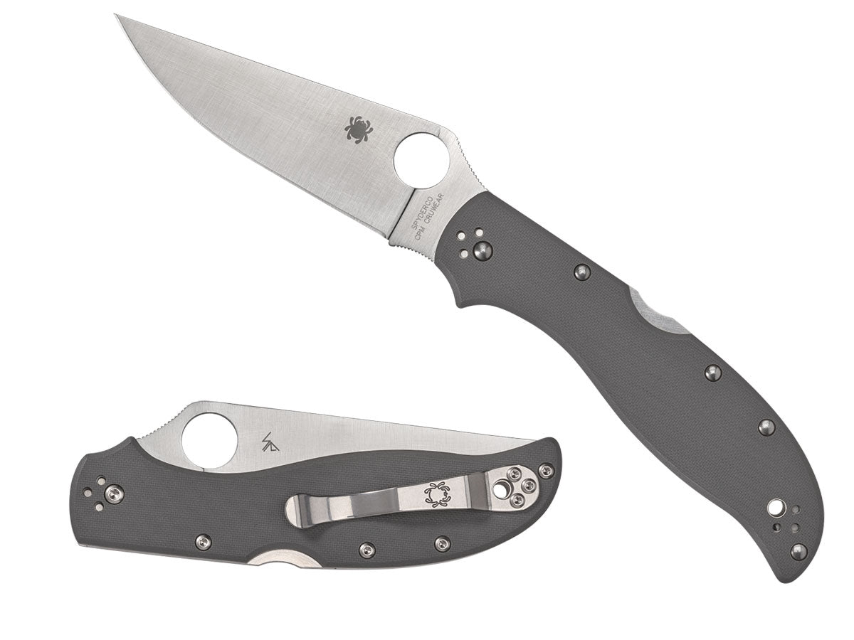 Spyderco Stretch 2 XL C258GPGYCW dettaglio lama CPM CRU-WEAR e G-10 grigie con backspacer