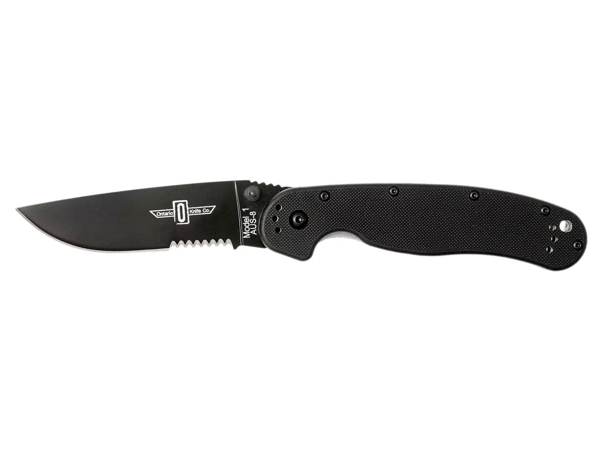 Ontario OKC RAT-1 Folder 8847BS lama AUS-8 8,9 cm Black Stone manico Nylon Liner Lock clip 4 posizioni