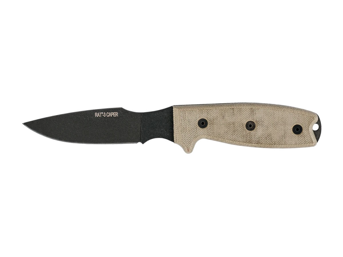 Ontario OKC RAT-3 Caper 8663 lama 1075 Carbon manico Micarta appoggio pollice fodero cuoio caccia
